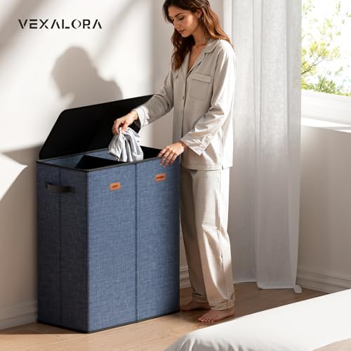 150L Double Laundry Hamper With Lid, Large Clothes Hampers with Removable Bag, Laundry Hamper 2 Section for Bathroom, Bedroom, Laundry Room, Dorm, Navy Blue - color: Navy Bule, size: 150L - 2 Section