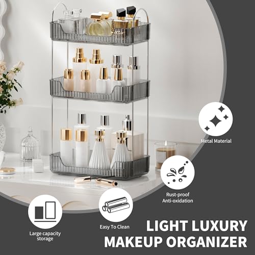 YCIA&DONE Bathroom Organizer Countertop, Makeup Storage, Skincare Cosmetic Tray Shelf, Perfume Holder Rack for Vanity Counter, Large Capacity, Easy to Install, Clean, 3 Tiers, Smoky Gray - color: Smoky Gray, size: 3-Tier