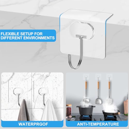 JINSHUNFA Adhesive Wall Hooks 13LB Heavy Duty No Drill Large Transparent Waterproof Hooks for Bathroom Kitchen Towel Coat 8 Pack - size: 8 Large hooks