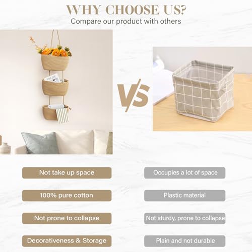 TeoKJ Over the Door Hanging Basket, 3-Tier Woven Cotton Wall-Mounted Storage Organizer Bag Decorative Hanging Nursery Baskets, Jute - color: Jute