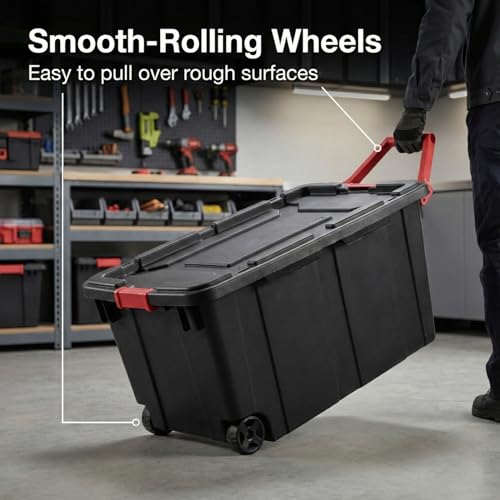 40 Gallon Wheeled Storage Tote with Lid – Heavy Duty Rolling Storage Bin with Ergonomic Handle & Secure Latches – Large Plastic Stackable Container for Garage Basement Workshop (Black) - size: Black