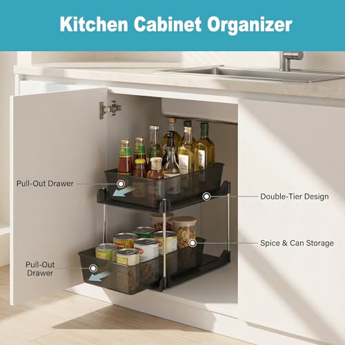 2 Pack Bathroom Organizer,2 Tier Clear Under Sink Organizers Vanity Countertop Storage Container,Cabinet Drawers Bins, Pull-Out Organization with Track for Pantry, Kitchen - color: Black, size: 2 Pack
