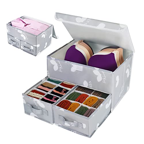 EASEVE 2 Pack Sock Underwear Drawer Organizer Divider - Closet Organizers and Storage Dresser Organizer Wardrobe Clothes Box Storage Bins with Lid for Bra, Socks, Leggings, Shirt, Panty (Grey) - size: 2 Pack