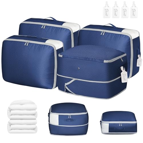 DIMJ Comforter Storage Bag 4 Pack - Blanket Storage Organizer Compression Bags, Large Capacity Ultra Space Saving Self Compression Organize for Bedding, Pillow, Duvet, Sheet Storage with Zipper Window - color: Navy Blue, size: 66L x 4 Pack