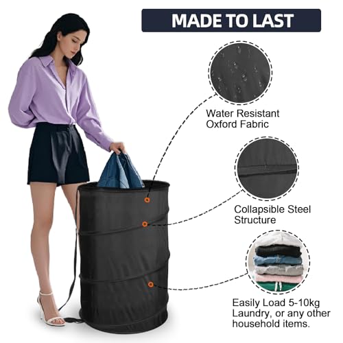 BATTOO Extra Large 107L Strong Laundry Hamper 17.5" x 27" Collapsible Laundry Baskets with Long Straps Drawstring Barrel Foldable Hamper for Laundry Room, Bathroom, Campout, College Dorm or Travel - color: Black, size: 17.5"x27"