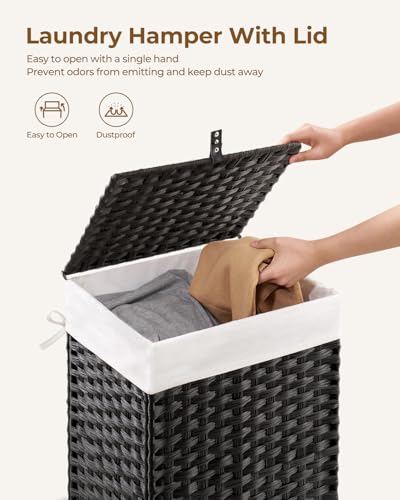 Greenstell Laundry Hamper with Lid, 60L Clothes Hamper with 2 Removable Liner Bags & 2 Mesh Bags, Handwoven Synthetic Rattan Basket, Toys in Bathroom, Bedroom Black - color: Black, size: 60L (13.4 x 13.4 x 21.7 inches)