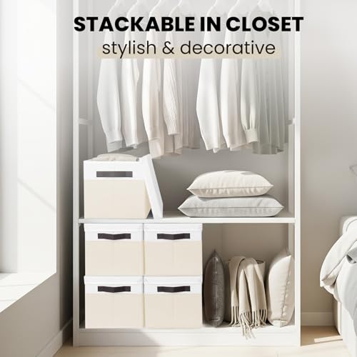 Large Nursery Closet Organizer Bins with Lids 4 Pack - 23 QT Decorative Storage Baskets for Living Room Bedroom Shelf - Stackable Storage Boxes with Lids Handles for Clothes Sweater Book Towel Purse - color: White with Beige, size: 4pcs-Large