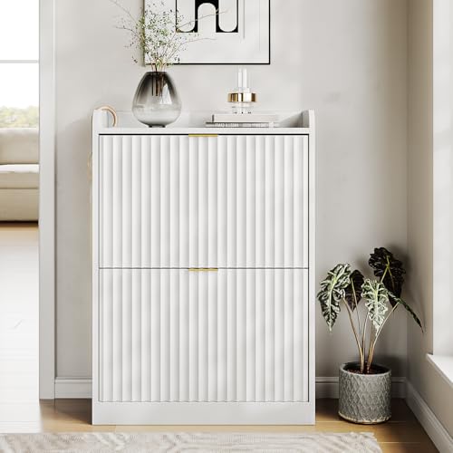 White Fluted Shoe Cabinet with 2 Flip Drawers, Narrow Shoe Storage Cabinet for Entryway, Freestanding Shoes Rack Organizer Cabinets with Adjustable Shelves for Entryway, Hallway - color: White, size: 2-Drawers