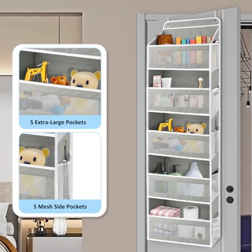 Over The Door Storage Organizer with 5 Extra Large Pockets & Side Mesh Pouches, Hanging Closet Door Organizer for Bedroom, Baby Nursery Storage, Anti-Tilt Design, Fits 1.6" Doors-Gray - color: Gray