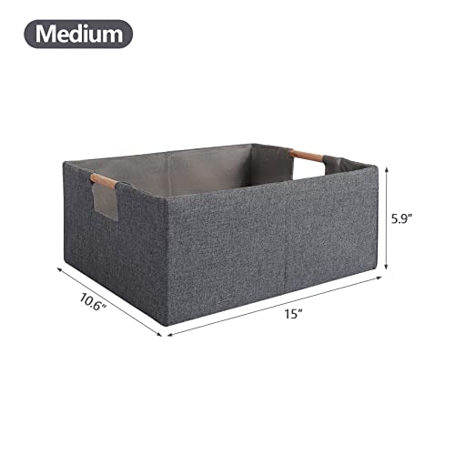 Fabric Storage Bin Box Foldable Collapsible Storage Basket with Wooden Handles Rectangular Cube Decorative Home Nursery Organizer Clothes Blanket Container – Grey, Medium - color: Grey, size: Medium