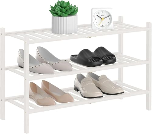 RONGJlA 2 Tier Bamboo Shoe Rack for Closet Free Standing Wood Shoe Shelf Storage Organizer for Entryway Small Space Stackable,White - color: White, size: 3-Tier-Regular