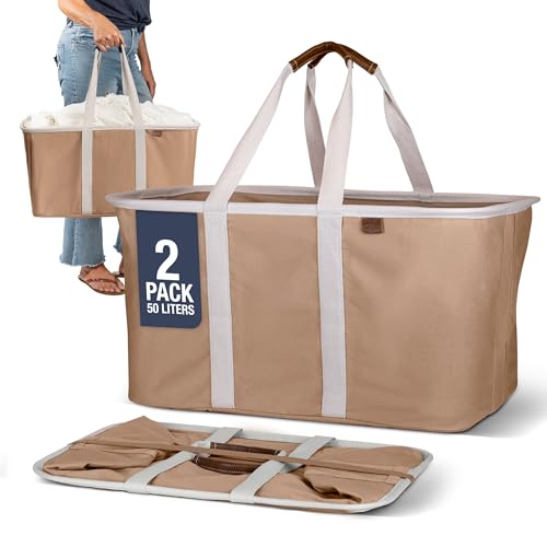 CleverMade Collapsible Laundry Tote 2-Pack (50L) – Foldable Carry-All Storage Bin for Laundry, Car Trunk, RV, Dorm & Home Organization – LUXE Cotton Blend with Vegan Leather Accents, Mocha - color: LUXE Mocha