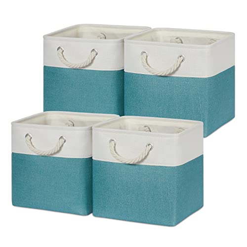 Temary Cubes Storage Baskets 11 Inch Cube Storage Bins 4 Pack Fabric Baskets for Gift Empty Teal Storage Bins for Shelves, Collapsible Fabric Storage Cubes Basket for Storage (White&Teal) - color: white&teal, size: 11"L x 11"W x 11"H