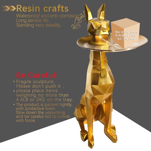 3D Large Dog Sculpture Tissue Box Cover & Key Holder Stand – Golden Resin Side Table, Multipurpose Entryway Organizer with 11.8" Detachable Tray, Cute Door Side Art Ornaments Living Room Figurine