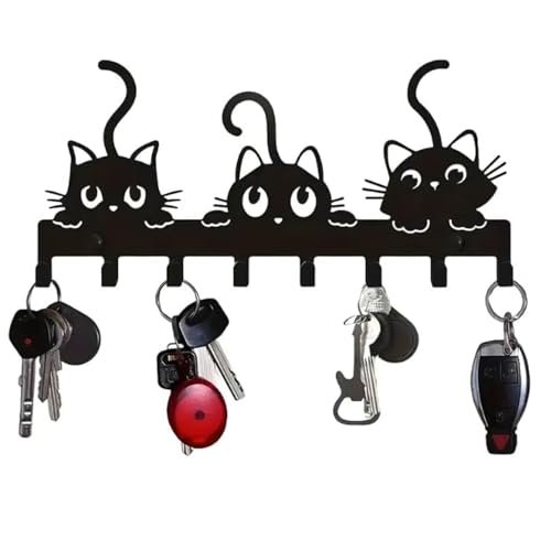 Key Holder Wall Mounted with Screws and Anchors, Black Multifunctional Key Hanger with 8 Hooks, Entryway Front Door Kitchen Hallway Garage Office - color: 3 Cats Black