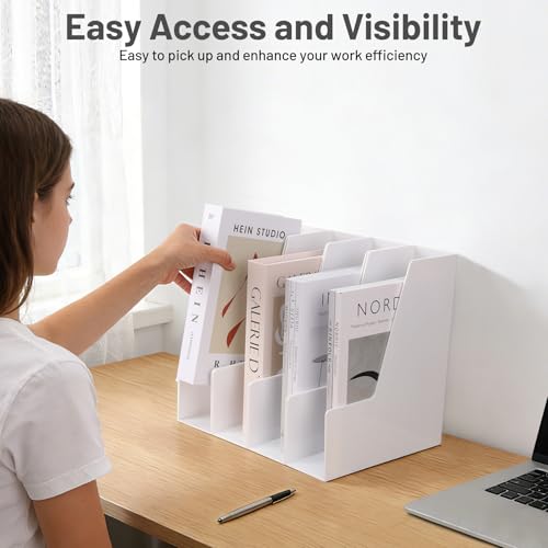 CiWiVOKi Vertical Magazine File Holder, Desk Organizer and Storage for Magazines, Binders, Notebooks, Envelopes, Multi-Purpose Desktop File Organizer for Home, Office & Classroom, 4 Pack, White - color: White