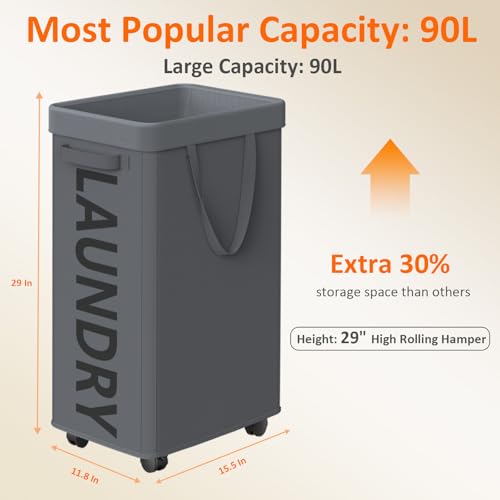 Optish Laundry Basket with Wheels, 90L Rolling Laundry Hamper with Wheels, Large Clothes Hamper on Wheel with Removable Mesh Bag for Bedroom, Bathroom, Dorm, Grey - color: Grey