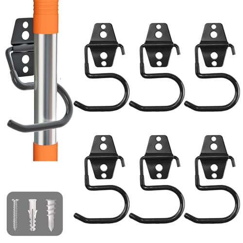 LIGHT DUST Broom Holder Wall Mount - 6 Pack Tool Hangers Garage Wall Hanging Organizer - Heavy Duty Metal Large S Hooks for Mop Shovel Rake Shed Garden Lawn Yard Handle Tools Organization (Black)