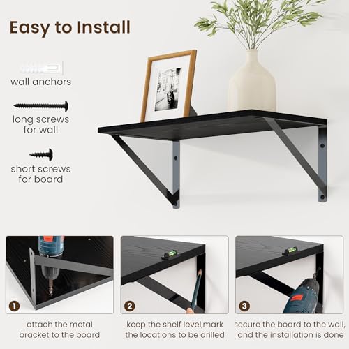 Fun Memories Deep Floating Shelves for Wall, 16W x 8D Wall Mounted Shelves Set of 2, Wide Display Ledge Shelf with Sturdy Metal Brackets for Living Room, Bathroom, Bedroom and Kitchen, Black - color: A-black, size: 16"W x 8"D