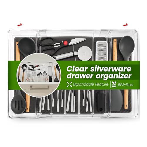 Masirs Expandable Utensil Drawer Organizer - BPA-Free Plastic Clear Silverware Tray with Multiple Compartments - Non-Slip Cutlery Storage for Kitchen, Bathroom, or Office Drawers (Black) - color: Clear / Black
