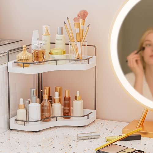 2-Tier Corner Bathroom Counter Organizer with Embedded Screw Holes, Secure & Stable Wood Vanity Shelf for Makeup and Skincare Essentials - Space Saving Bathroom Countertop Storage, White - color: White