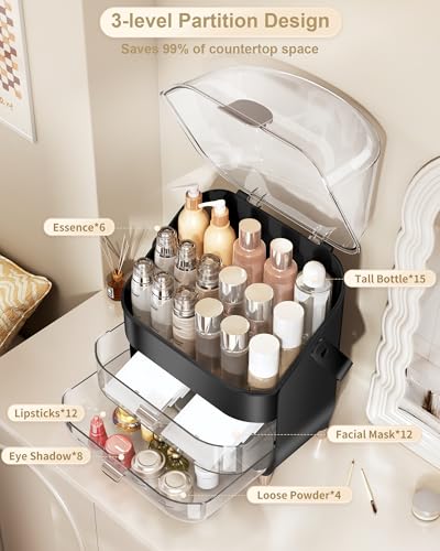 Makeup Organizer Countertop, Skincare Holder Bathroom Counter Organizer, Storage Box Cosmetic Display Cases, Teen Girl Gifts Make up Organizers for Vanity, Dresser (Black) - color: Black