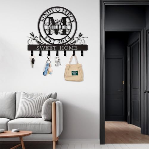 Dyoart Personalized Key Holder for Wall, Custom Family Name Metal Wall Key Hanger, Key Hooks with Monogram Design, Key Rack Holder Wall Mount for Living Room Bedroom, Anniversary Couple Gift - color: 04 Monogram