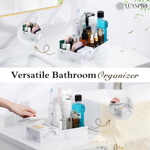 Luxspire Bathroom Counter Organizer, Marble Toothbrush Holder for Bathroom 6 Slot, Bathroom Vanity Organizer with Lid, Bathroom Organizer Countertop for Cotton Ball, Q-Tips, Floss, Gravel White - color: Gravel White, size: 6 slots