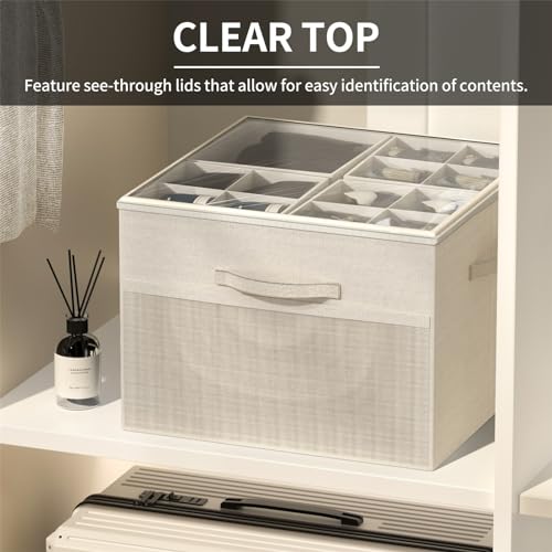 Aokeyee Shoe Organizer for Closet,2 Pack Foldable Shoe Storage Organizer Box Bin with Adjustable Dividers and Clear Cover, Fits up to 16-32 Pairs - color: Beige, size: 2 PCS