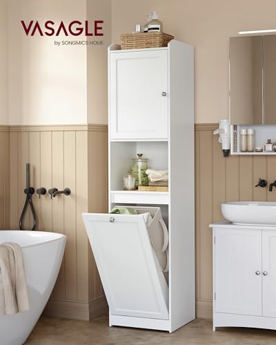 VASAGLE Tall Storage Cabinet, Storage Unit with Removable Laundry Basket, Compartment and Cabinet, for Bathroom, Living Room, 15.8 x 15.8 x 66.9 Inches, Cloud White UBBC761W01 - color: Cloud White, size: 15.8"L x 15.8"W x 66.9"H, style: 2 Doors + 1 Laundr