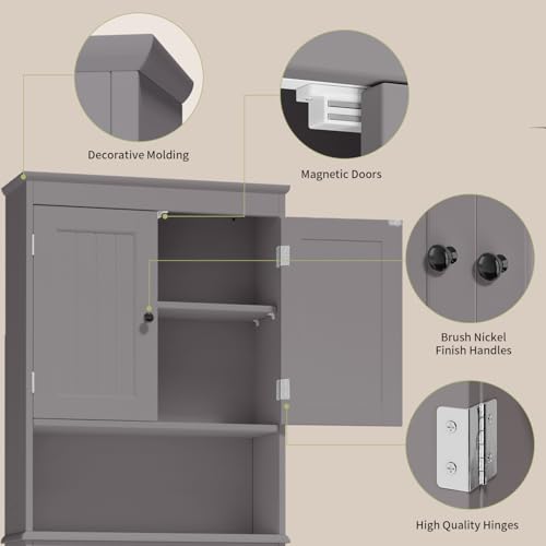 Gizoon Over The Toilet Storage Cabinet with Adjustable Shelf and Double Doors, Bathroom Space Saver Organizer Above Toilet with Open Shelf, Taller Wooden Free Standing Toilet Rack -Grey - color: Grey