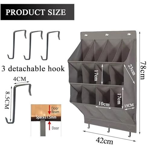 Over the Door Shoe Organizer, Grey 12 Pockets Hanging Shoe Storage Rack with Large Deep Pockets, Oxford 600D Fabric Shoe Storage Rack with 6 hook for Shoes, Home Accessories etc - color: Grey, size: 12-Grids
