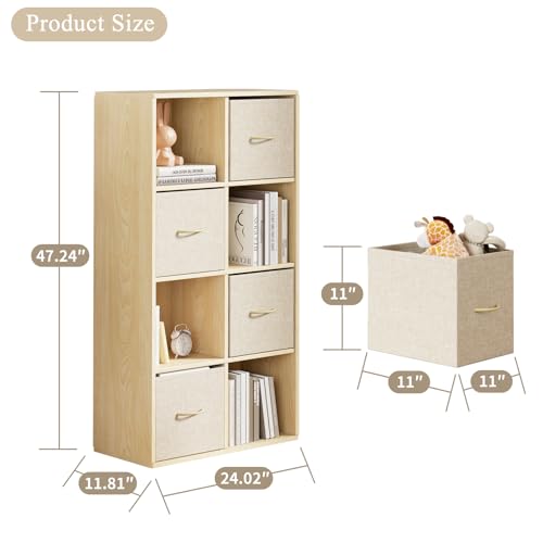 8 Cube Storage Organizer - Solid Wood Bookshelf with 4 Storage Bins, Cube Shelf with 2 Removable Back Panels, Vertical or Horizontal Bookcase, Open Book Shelf for Bedroom, Living Room, Office - size: 8 Cube Shelf