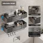 Voldra Adhesive Shower Caddy, 2 Pack Shower Shelves for Inside Shower No Drilling, Aluminum Stick On Showers Organizer with Towel Bar & Hooks Removable Bathroom Shelf Storage Rack(Gray) - style: Adhesive Strip Rectangle-2 Pack