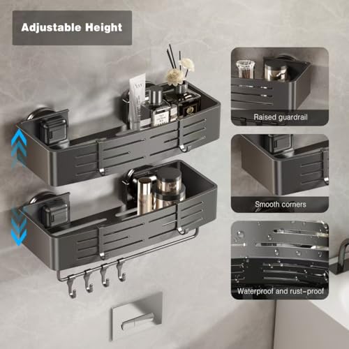 Voldra Shower Caddy Suction Cup, 2 Pack Shower Shelves for Inside Shower No Drilling, Aluminum Suction Showers Organizer with Towel Bar & Hooks Removable Bathroom Shelf Storage Rack(Gray) - style: Suction Cup Rectangle-2 Pack