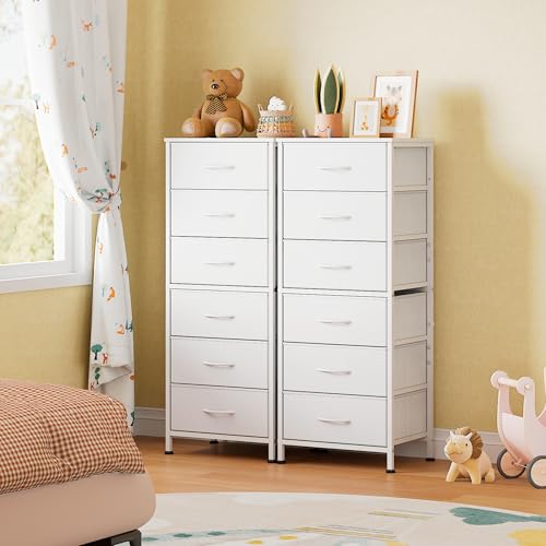 WLIVE Tall White Dresser for Bedroom, 6 Drawer Vertical Fabric Dresser, Skinny Chest of Drawers for Closet, Narrow Storage Tower with Wood Top and Metal Frame, Tall Nightstand for Small Spaces - color: White, size: 11.73"D x 15.67"W x 39.37"H