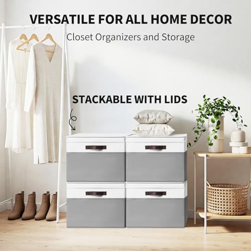 2 Pack EXTRA LARGE Blanket Storage Baskets with Lids, 22”x16”x12” Closet Organizers Bins for Clothes Towel/ Storage Box with Lid Handles/ Stackable Decorative Fabric Bins for Living Room, Nursery - color: White with Grey