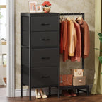 HIGDBFE Dresser with Hanging Rack, 4 Drawers Small Closet for Bedroom, Reversible Fabric Kids Chest of Drawers with Clothes Rack, Tall Storage Tower, Sturdy Frame, Black, 44''H - color: Black