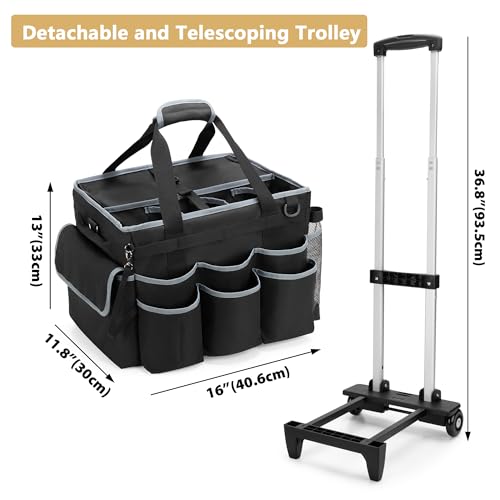 HODRANT Large Cleaning Caddy with Detachable Trolley & Shoulder Strap, Cleaning Supplies Bag with Handles & Support Plates, Cleaning Product Rolling Organizer for Car Wash and Housekeeping