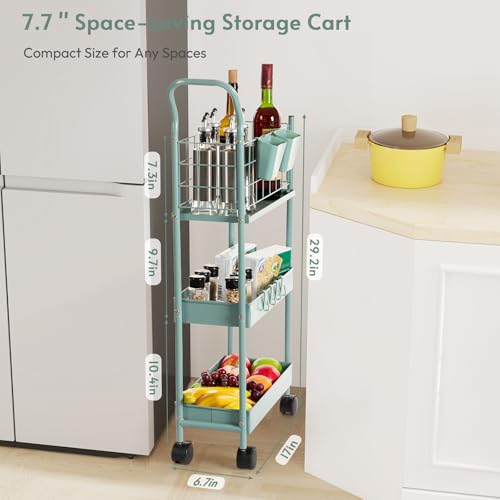 danpinera Storage Cart, 3 Tier Metal Narrow Storage Cart with Handle, Hooks and Hanging Cups, 7.7 Inches Wide, Green - color: Green, size: Slim (3 tier)