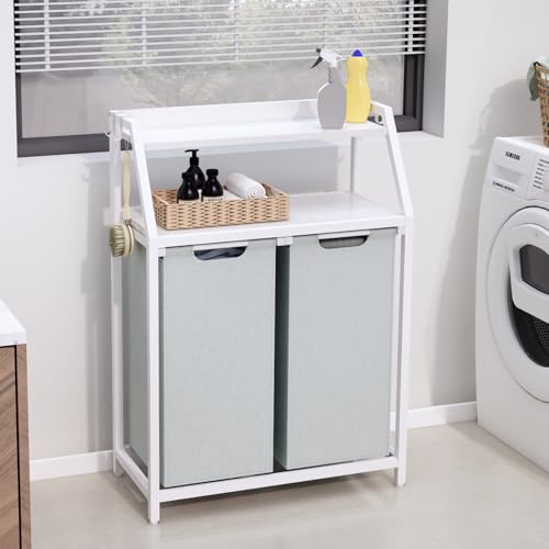 Timberer Laundry Hamper, Laundry Sorter 2 Section, Rolling Laundry Basket with Wheels, 2 Shelves, 2 × 14.5 Gal, Pull-Out and Removable Oxford Fabric Bags, for Laundry Room, White and Grey - color: White + Grey, size: 2 Bags (27.5"L x 12.9"W x 40.7"H)