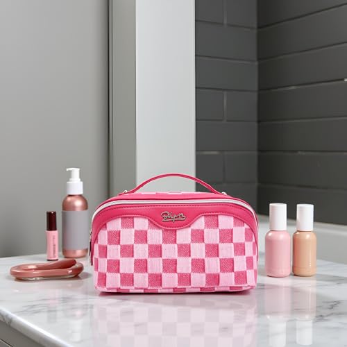 BOYATU Travel Makeup Bag for Women: Large Cosmetic Bag Set of 3 - PU Leather Make up Bag with Compartments - Compact Waterproof Toiletry Bag with Divider & Handle (D-4-Red) - color: D-4-Red