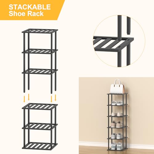 SHIISEWE Bamboo Shoe Rack for Small Spaces 6 Tier Tall Vertical Narrow Rack for Closet Stackable Shoe Holder, Black Stand for Entryway Storage Shoe Organizer - color: Black