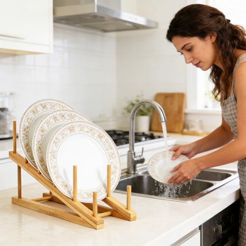 6 Pack Dish Rack Bamboo Drying Rack Wooden Plate Dish Rack Cabinet Organizer Kitchen Pot Lid Stand for Dish, Plate, Cup, Bowl, Cutting Board - size: 6PCS