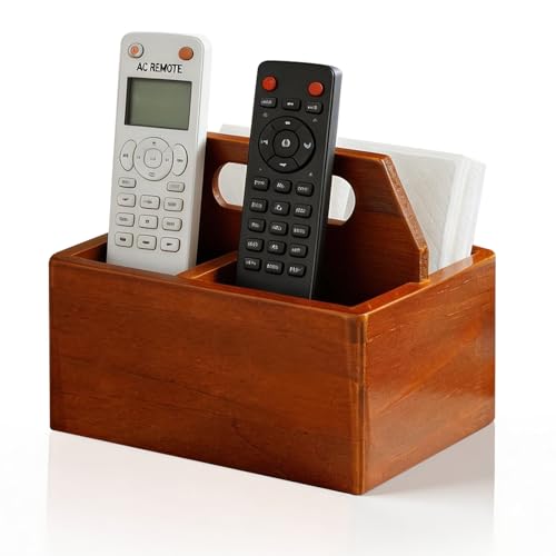 DAWASAPAT Acacia Wood Remote Control Holder with Handle, Desk Organizer with 3 Compartments, Wood TV Stand Decor, Easy Storage TV Remote Holder for Living Room, Bedside Caddy, Office Supplies