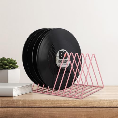 EASEPRES Vinyl Record Holder Storage, 9 Slot Metal Magazine Book Album Display Rack, Stylish Triangle Desktop File Sorter Organizer for Home Office, Pink - color: Pink
