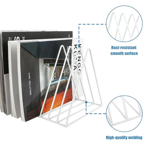 EASEPRES Vinyl Record Holder Storage, 9 Slot Metal Magazine Book Album Display Rack, Stylish Triangle Desktop File Sorter Organizer for Home Office, White - color: White