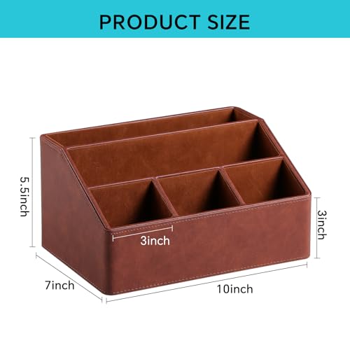 Remote Control Holder with 5 Compartments for Office Art Supplies, PU Leather Nightstand Organizer Pencil Pen Desk Caddy for Home, Desktop TV Remote Control Organizer Storage (Brown) - color: Brown