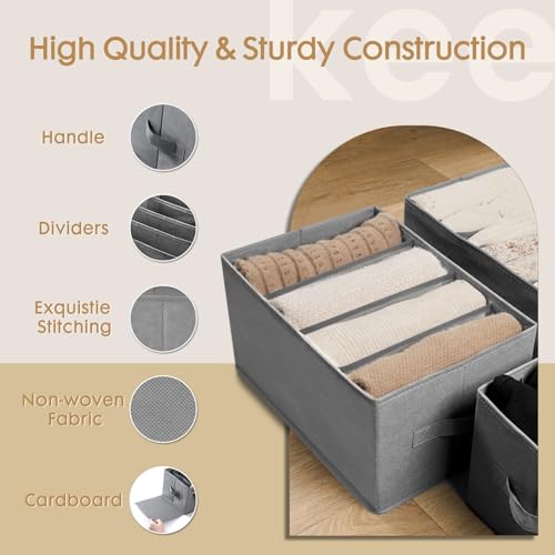 Criusia 6 Pack Large Clothes Organizer, Wardrobe Closet Organizer and Storage with Handles, Foldable Fabric Closet Organizers Dividers for Clothing, Pants, Jeans, Sweater, T-shirts, Grey - color: Grey