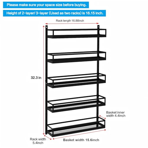X-cosrack Wall Mount Spice Rack Organizer 5 Tier Height-Adjustable Hanging Spice Shelf Storage for Kitchen Pantry Cabinet, Dual-Use Seasoning Holder Rack with Hooks, Black-Patented - color: Black, size: 5x 4.6"D